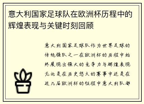 意大利国家足球队在欧洲杯历程中的辉煌表现与关键时刻回顾