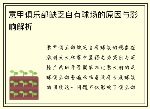 意甲俱乐部缺乏自有球场的原因与影响解析