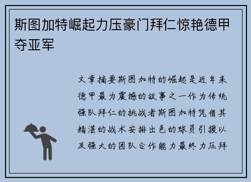 斯图加特崛起力压豪门拜仁惊艳德甲夺亚军